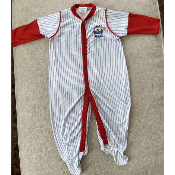 Vintage Carters 9mths Baseball Bear Striped One Pieces Outfit L USA 18/23 lbs - Picture 1 of 10